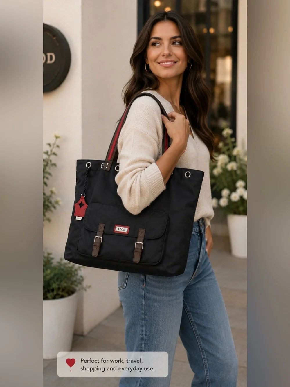 IZOD Black Nylon Tote Bag with Red Accent